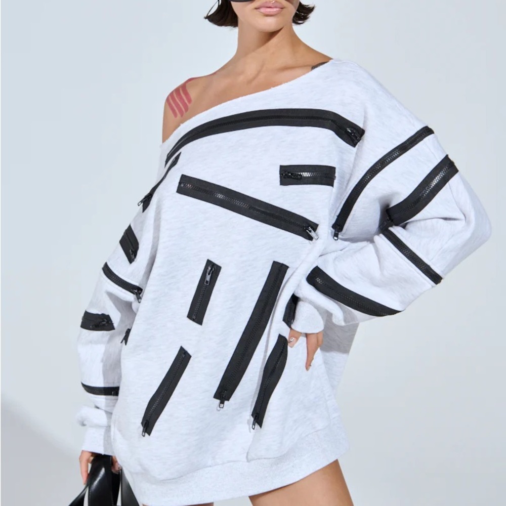 ZIP ZAP OFF THE SHOULDER SWEATSHIRT DRESS-GREY MULTI - L